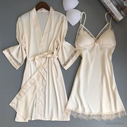 Women Summer Silk 2 Pieces Pajama Sets Lace Soft Satin Sleepwear Plus Size Sexy Loose Kimono Nightgowns Bridal Wedding Bathrobe