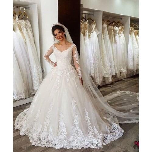 Arabic Long Sleeves Wedding Dress 2020 A Line Full Lace Off The Shoulder Bridal Gowns Sweep Train wedding gown Vestido De Novia