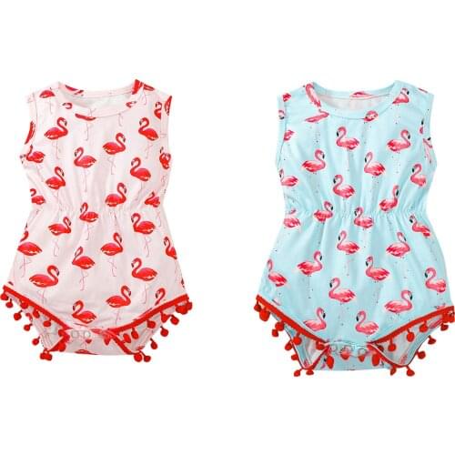 2021-03-22 Lioraitiin 0-24M Newborn Infant Baby Romper Girls Flamingo Print Round Neck Sleeveless Bodysuit Playsuit Pink/Green