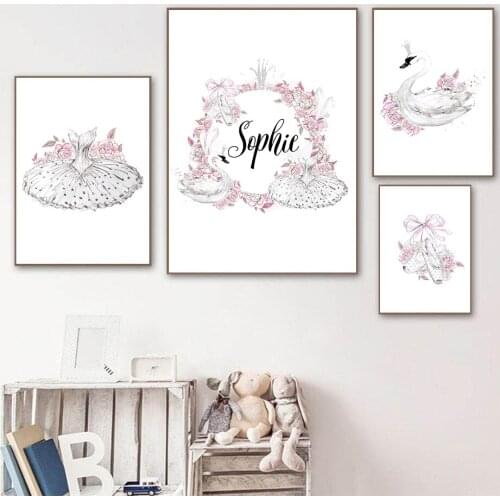 Ballet Dress Shoes Swan Wall Art Canvas Print Baby Born Custom Name Poster Painting Flower Nursery Wall Pictures Girl Room Decor