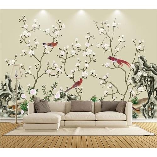 Beibehang Custom wallpaper 3d mural hand-painted meticulous flowers and birds modern new Chinese TV background wall paper mural