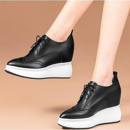 Casual Shoes Women Genuine Leather Wedges High Heel Ankle Boots Female Lace Up Round Toe Chunky Platform Pumps Fashion Sneakers
