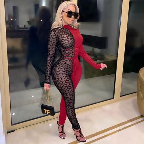 Club Print Sexy Long Jumpsuit Women Mesh Patchwork Lace-up One Piece Jumpsuit Clubwear Turtleneck Long Sleeve Bodycon Jumpsuit