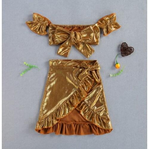 Kids Gold Silk Skirt Set, Off Shoulder Crop Tops with Bowknot Ruffle Skirt for Summer Formal Party Ball 2021