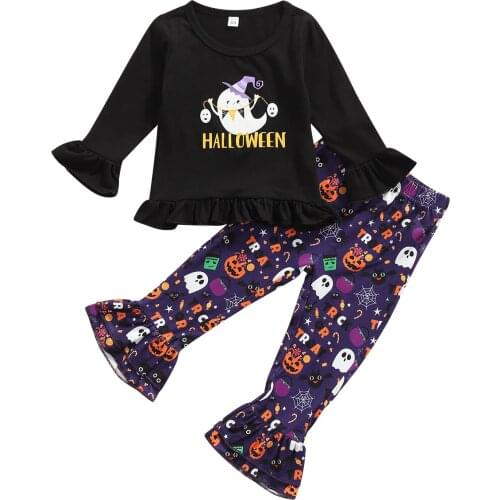 2021 0-5Y Halloween Kids Baby Girl Clothes Set Letter Print Flare Long Sleeve T-shirt+Pumpkin Flare Pants Costume 2pcs Outfits