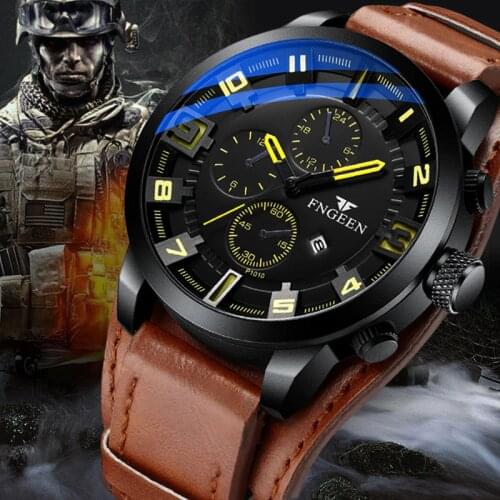 FNGEEN Top Brand Luxury Mens Watches Male Clocks Date Sport Military Clock Leather Strap Quartz Business Men Watch Reloj Hombre