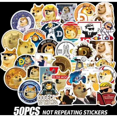 50pcs Dogecoin Stickers for Notebooks Stationery Laptop Bike Libretas Motorcycle Computer Helmet Car Waterproof Sticker