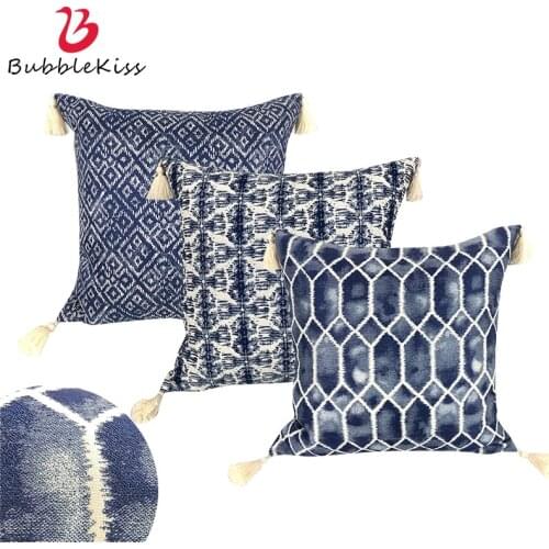 Bubble Kiss Cushion Cover European Tie-Dye Tassel Blue Living Room Home Sofa Hidden Zipper Pillowcase Bedroom Bedside Back Cover