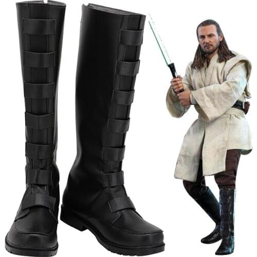 Star Cosplay Wars Shoes Boots Jedi Master Qui Gon jinn Cosplay Adult Black Boots Halloween Party Custom Made