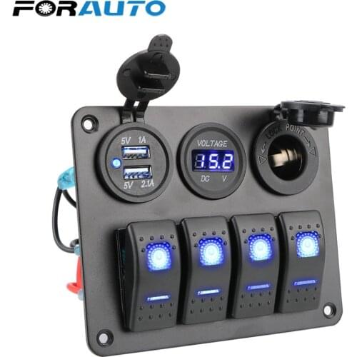 4 Gang LED Rocker Switch Panel Digital Voltmeter Dual USB Port Circuit Breaker Aluminum Panel 12V/24V for Car RV Camper Caravans