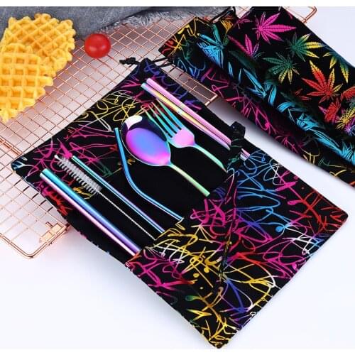 New Stainless Steel Cutlery Portable Cutlery Set Chopsticks Spoon Fork Reusable Straw and Portable Dinnerware Bag for Travel