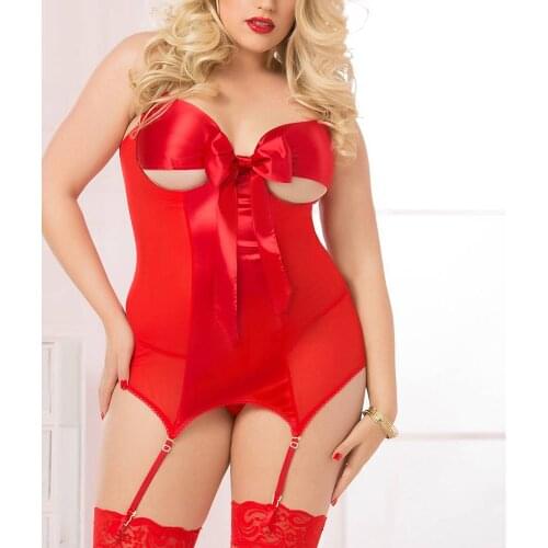 Plus Size Sleepwear Teddy Women Sexy Lingerie Erotic Bra Thong Garter Underwear Porn Temptation Satin Costume Bandage Bowknot