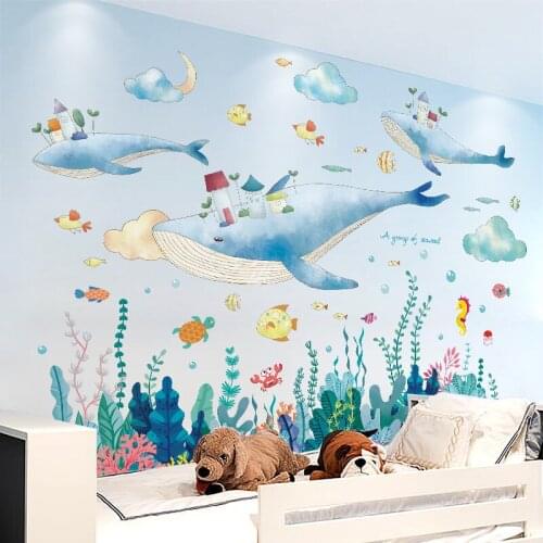 [SHIJUEHEZI] Whales Clouds Wall Stickers DIY Fish Seagrass Wall Decals for House Kids Rooms Baby Bedroom Nursery Decoration