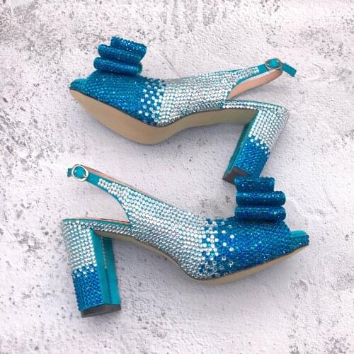 CHS1297 Custom Made High Heel Slingbacks Turquoise Silver Stones Bow Open Toe Women Bridal wedding Shoes