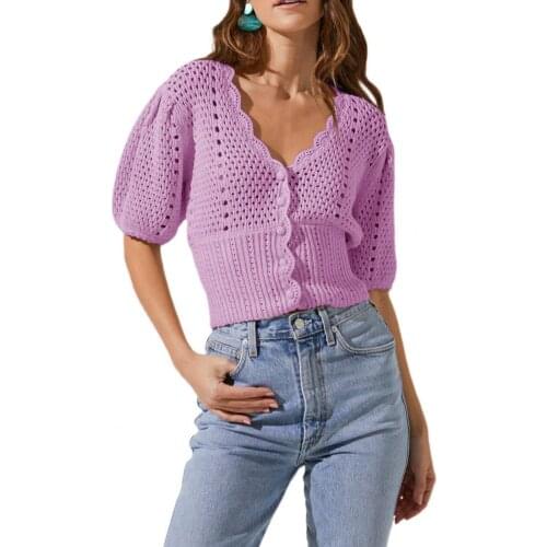 Knitted Women Sweater Hollow Out Puff Sleeve Autumn Women Solid Color Single-breasted V Neck Sweater Cardigan кардиган женский