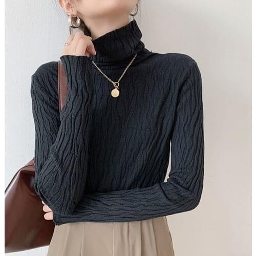 2021 New Autumn And Winter Womens Warm Slim Fashion Black Long Sleeve Top Casual Spliced Solid Turtleneck Blusas Shirt 0841