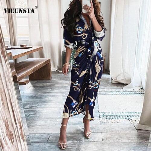 Autumn Pattern Chain Print Long Shirt Dress Women Spring Turn-down Collar Button Split Party Dress Sexy Slim Fit Pleated Dresses