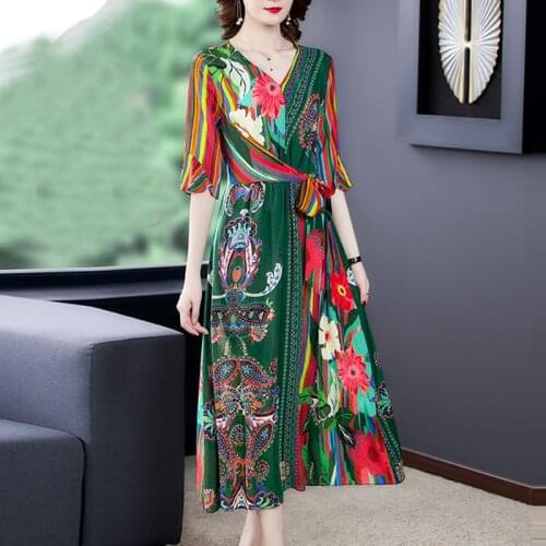 2021 Summer Boho Print Mulberry Silk Beach Midi Dress Women Casual Vintage 4XL Plus Size Sundress Elegant Bodycon Party Vestidos