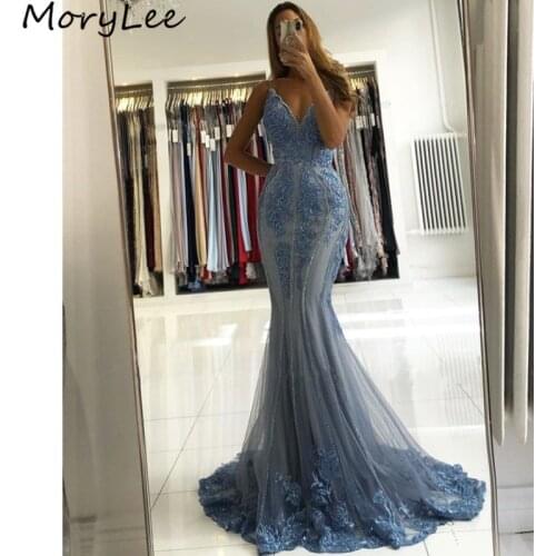 Prom Dresses Blue V-Neck Sleeveless Tulle Lace Applique Crystal Beaded Mermaid Prom Dresses Zipper vestidos de fiesta de noche
