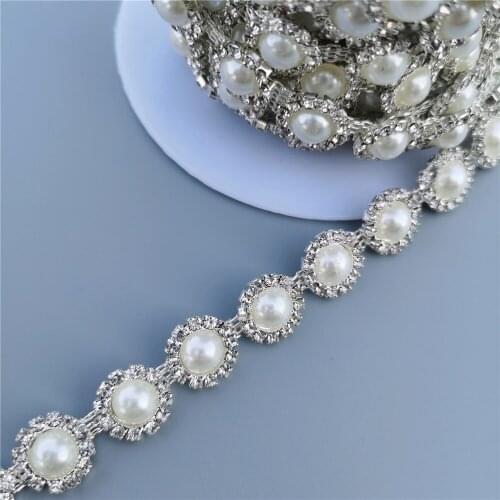 1 yard Pearl Crystal Chain Manual Rhinestones Trim Ribbon Metal Chain Decoration Collar Wedding Dress Clothing Bag Accessories