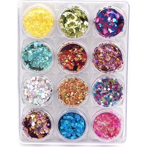 12 color in set lipstick glitter powder Holographic Nail Sequins Glitter chunky glitter set nails makeup