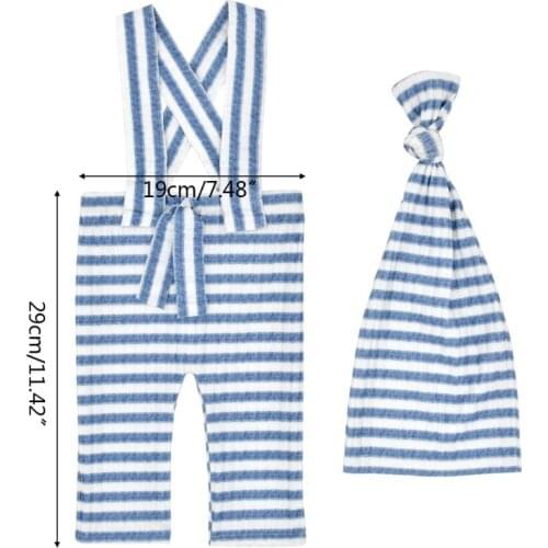 2 Pcs Baby Stripe Romper Long Tail Knotted Hat Set Newborn Photography Props Strap Pants Cap for Infants Photo Shooting