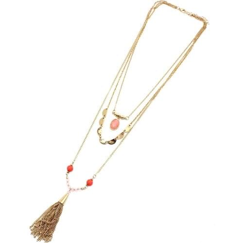 2017 New pink beads multilayer semicircle sequins oval stone tassel necklaces