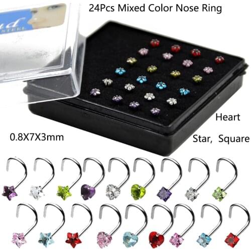 24Pcs/Box Mixed 6 Colors Prong Set Zircon Nose Screw Rings Piercing Nose Studs Body Jewelry 20g Star&Heart&Square