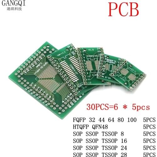 30PCS=6 * 5pcs PCB Board Kit SMD Turn To DIP Adapter Converter Plate FQFP 32 44 64 80 100 HTQFP QFN48 SOP SSOP TSSOP 8 16 24 28