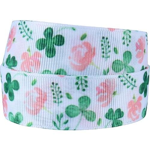 50Y/lot) New FLORAL SHAMROCK WHITE Grosgrain Ribbon