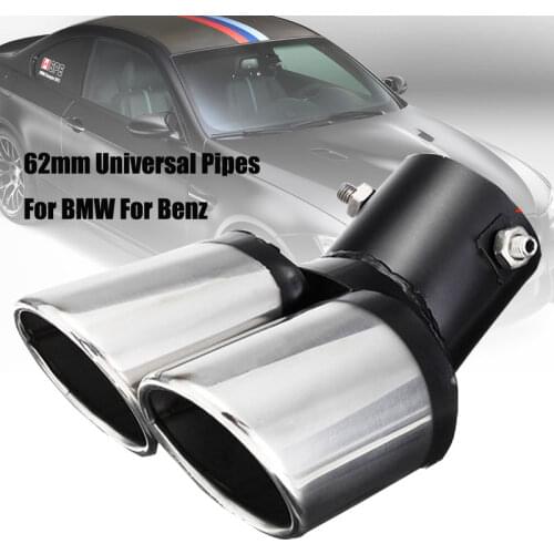 62mm Car Decoration Chrome Tail Pipe Stainless Steel Curved Dual-outlet Exhaust Trim Muffler Universal Pipes For BMW For Benz