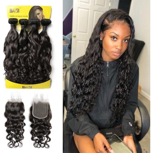 BAISI Brazilian Human Hair Water Wave Hair 4 Bundles with Closure Unprocessed Virgin Hair bundles with closure