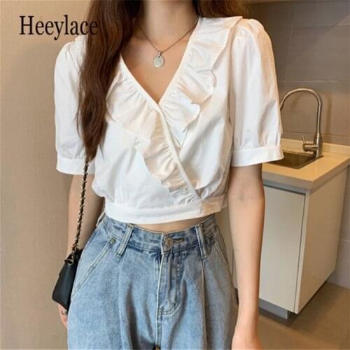 Shirts Women Ruffled 2021 Summer New Puff Sleeves V-neck French V-neck High Waist Cropped Short Elegant Female Blouses