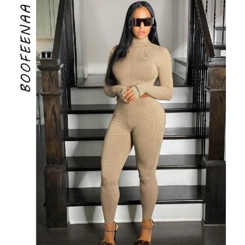 BOOFEENAA Fall 2020 Knitted Ribbed 2 Piece Outfits For Women Leggings Pants And Crop Top Sexy Tracksuits Sports Wear C74-DC36