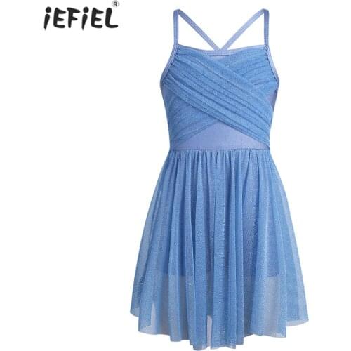 Kids Girls Ballet Latin Dance Dress Party Wedding Dresses Spaghetti Shoulder Straps Glittery Mesh Leotard Girl party Dresses