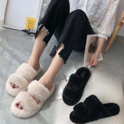 House Women Furry Slippers Winter Soft Faux Fur Warm Flats Rubber Sole Non Slip Home Slides Luxury Casual Shoes Ladies Female