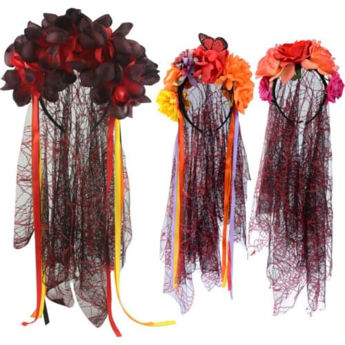 Fariy Women Girls Veil Corpse Bride Roses Flower Mexican Hairband Headband Halloween Fancy Dress Party Costume Accessory