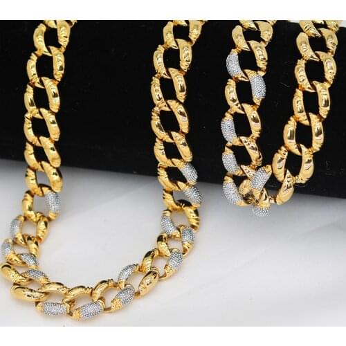 Indian Mens Copper Flat Necklace Jewelry Set 12mm Wide Chain Dubai 24k Gold Color Bracelet For Women Boy African Jewelry