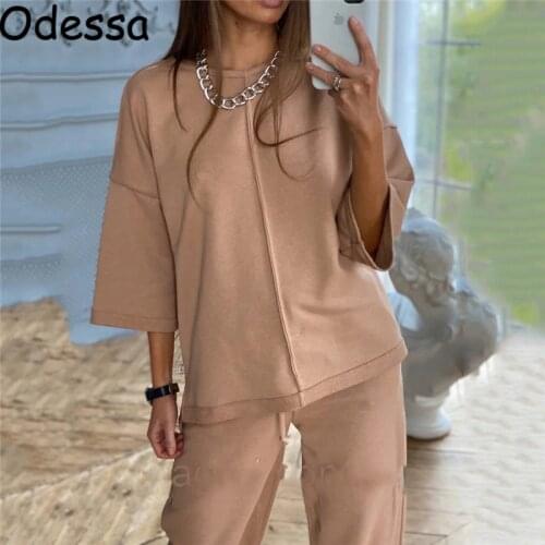 Odessa Spring Summer Khaki Two Piece Set Women White Short Sleeve Tops And Sport Loose Pants Casual Tracksuit Lounge Wear 2021