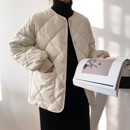Diamond-shaped Round Collar Cotton Jacket Womens Short Korean Long Sleeve Loose Winter Down Cotton Coat