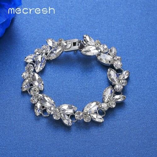 Mecresh Leaf Crystal Bridal Wedding Bracelet Women Rose Gold Color Rhinestones Link Chain Bracelets Bangles MSL370