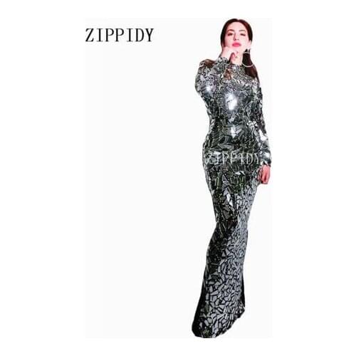 Fashion Mirrors Rhinestones Long Dress Women Evening Birthday Celebrate Sequins Dresses Costume Prom Celebrate Black Dresses