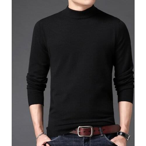 Mens brand solid color round neck knitted wool sweater 2021 autumn and winter new mens fashion casual half turtleneck sweater