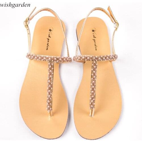 2020 NEW Women`s Fashion summer bohemia pearl sandals women Casual beach shining boho shoes T-strap thong flip flops Slippers
