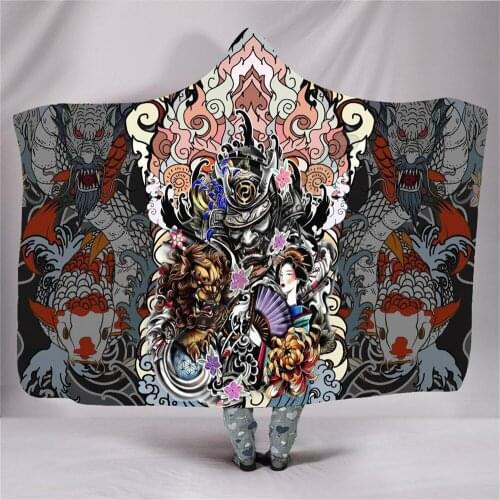 Samurai Geisha and Lion Hooded Blanket 3D printed Wearable Blanket Adults Kids Various Types Hooded Blanket Wearable