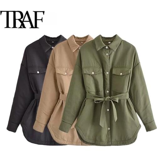 TRAF Women Fashion With Belt Oversized Thin Padded Parkas Coat Vintage Long Sleeve Pockets Female Outerwear Chic Tops