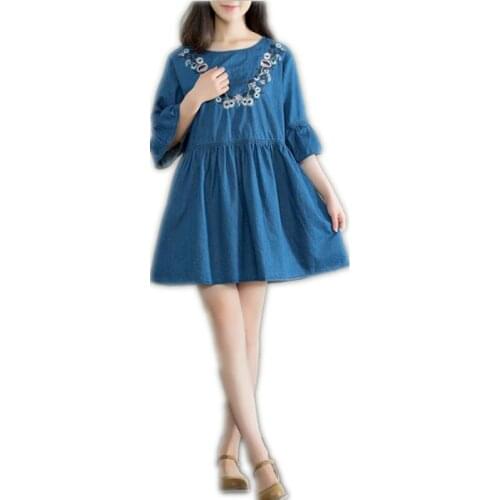 Vintage Denim Blue Women Dress 2019 New Summer Mori Girl Mini Loose Denim Dress Fashion Embroidery Butterfly Sleeve Dress Q170