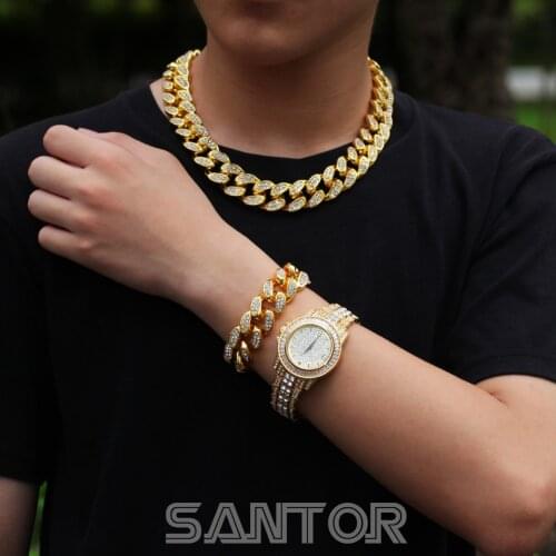 Santor Gold Plated Necklace Watch Bracelet Hip Hop Miami Curb Cuban Chain Iced Out Paved Rhinestones CZ Bling For Men Jewelry