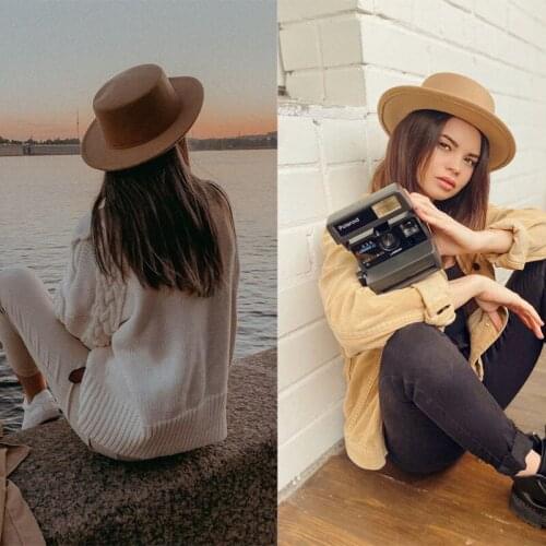Winter Autumn Imitation Wool Fedoras Cap Fashion Cool Solid Color Flat Top Women Jazz Hat Female Lady Wide Brim Felt Fedora