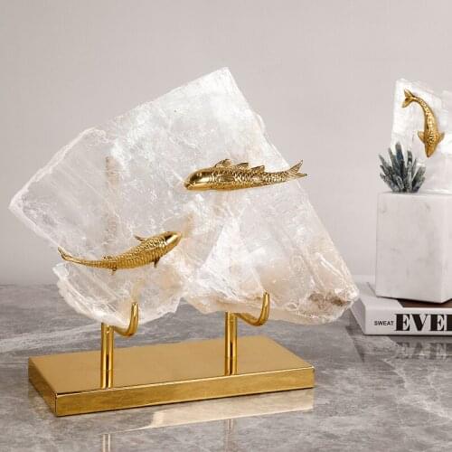 Modern Luxury Natural Crystal Stone Feng Shui Ornaments Brass Koi Pisces Figurines With Metal Bracket Decoration Accessories